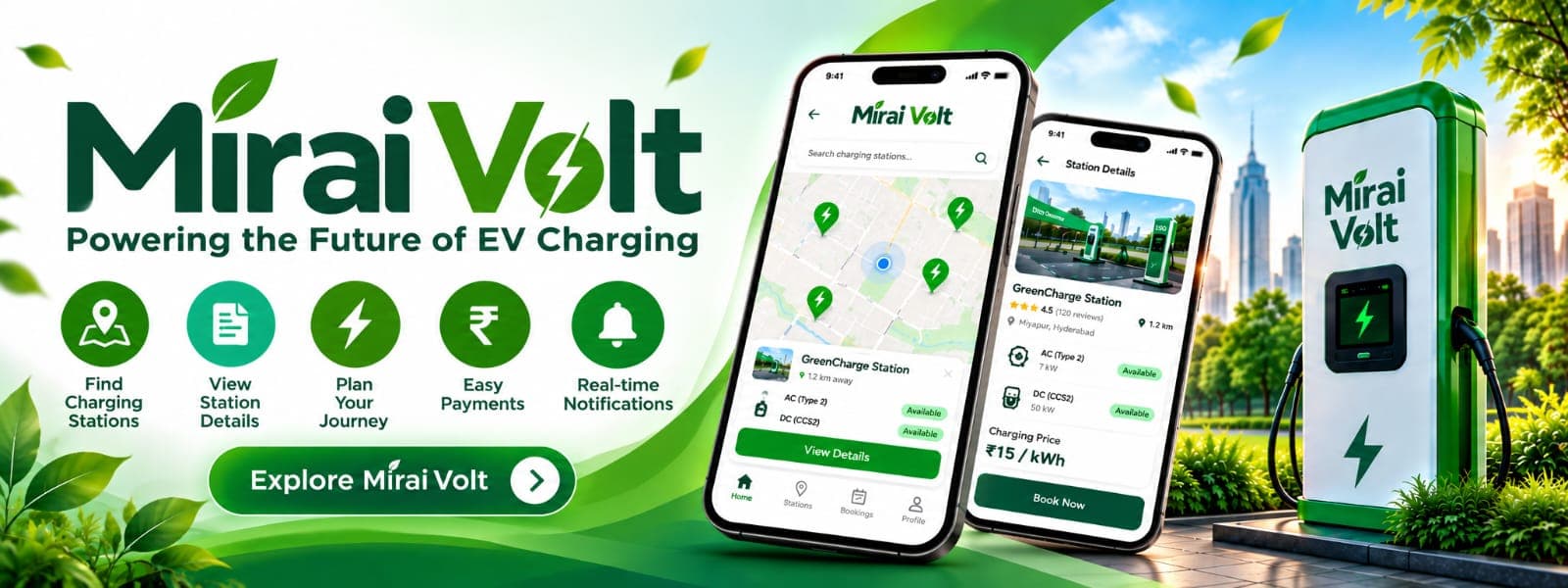 MiraiVolt — Powering the Future of EV Charging. Find charging stations, view station details, plan your journey, easy payments, and real-time notifications.