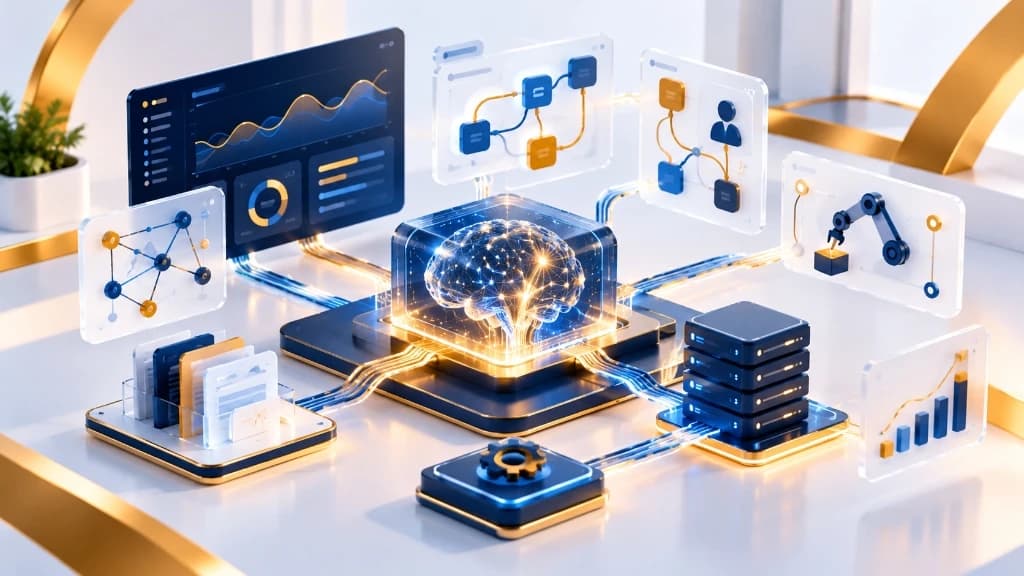 Stylized 3D render of a central glowing AI processor connected to data pipelines, analytics charts, and automation nodes