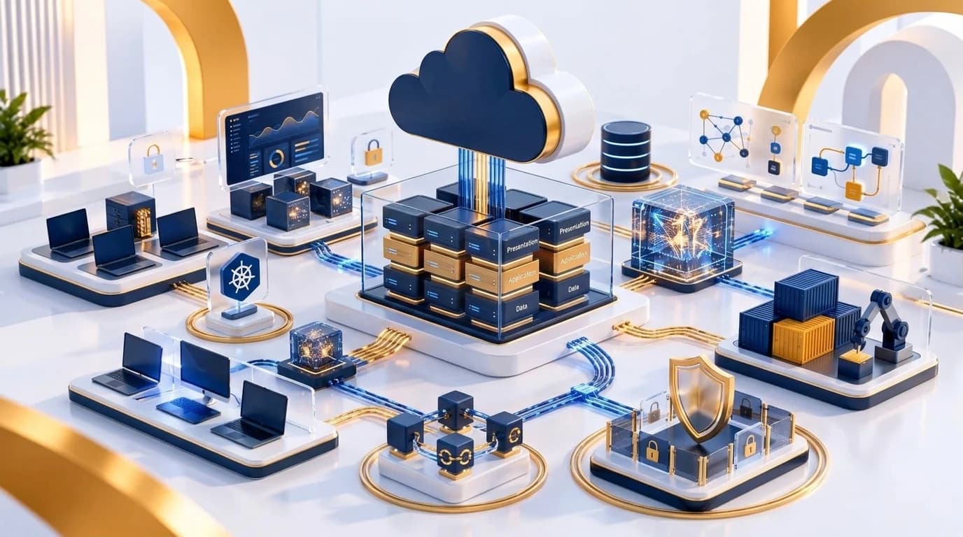 3D architectural illustration representing multi-tier application layers, APIs, data storage, and cloud infrastructure