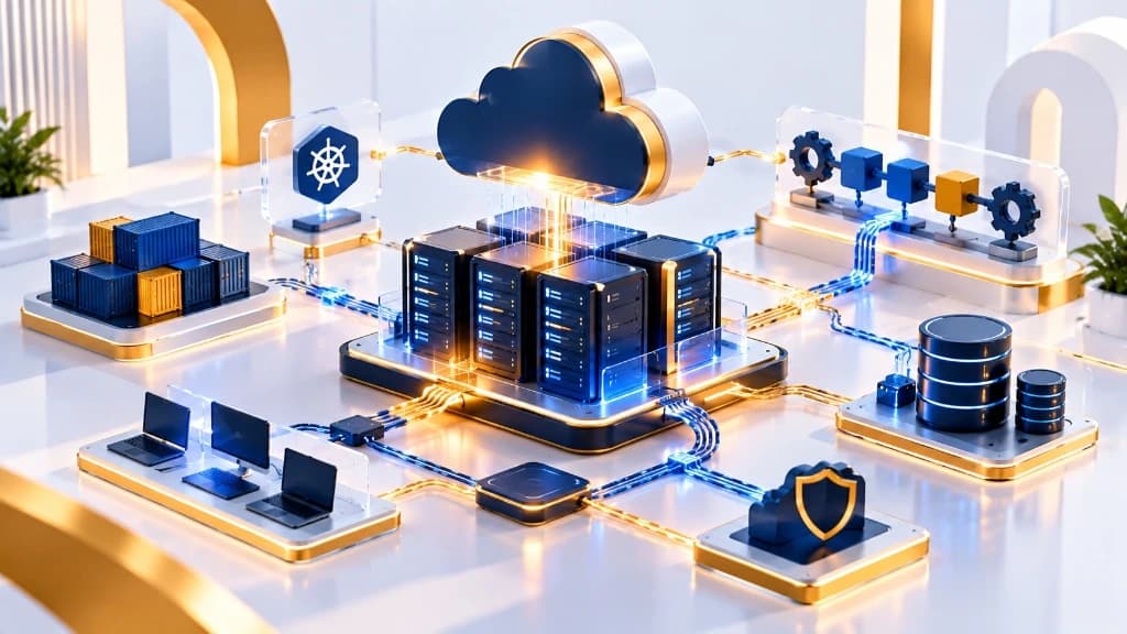Stylized 3D visual of cloud computing architecture, server rack infrastructure, Kubernetes clusters, and container deployments