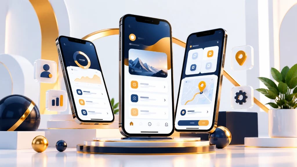 3D render of smartphones showcasing mobile app interfaces with analytics dashboards, maps, and profile views