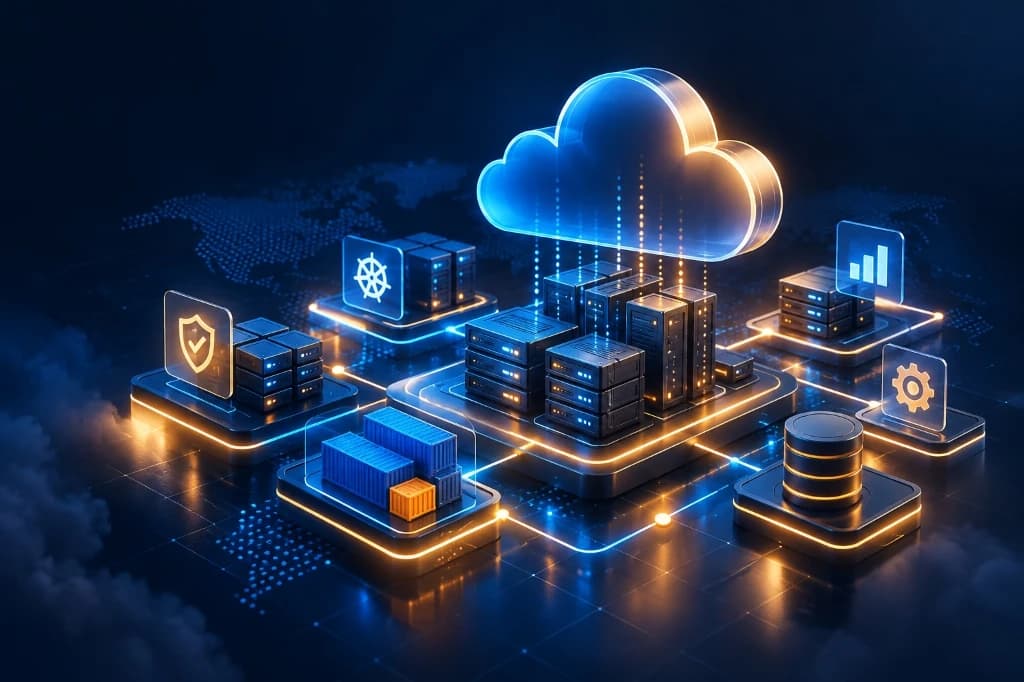 3D illustration of cloud infrastructure, connected servers, security, deployment, and monitoring.