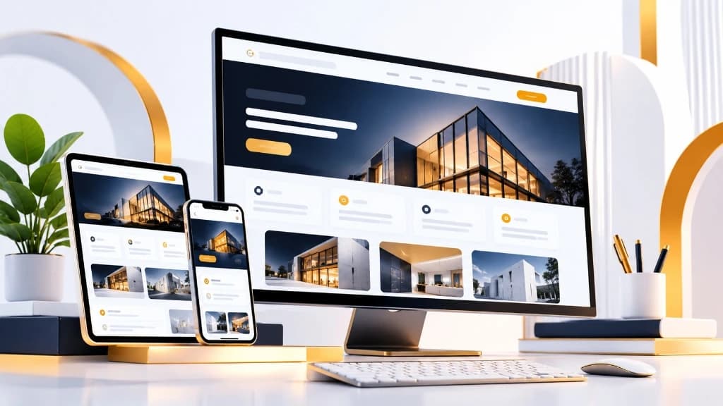 Stylized 3D render of responsive website interfaces displayed on desktop computer, laptop, and mobile devices