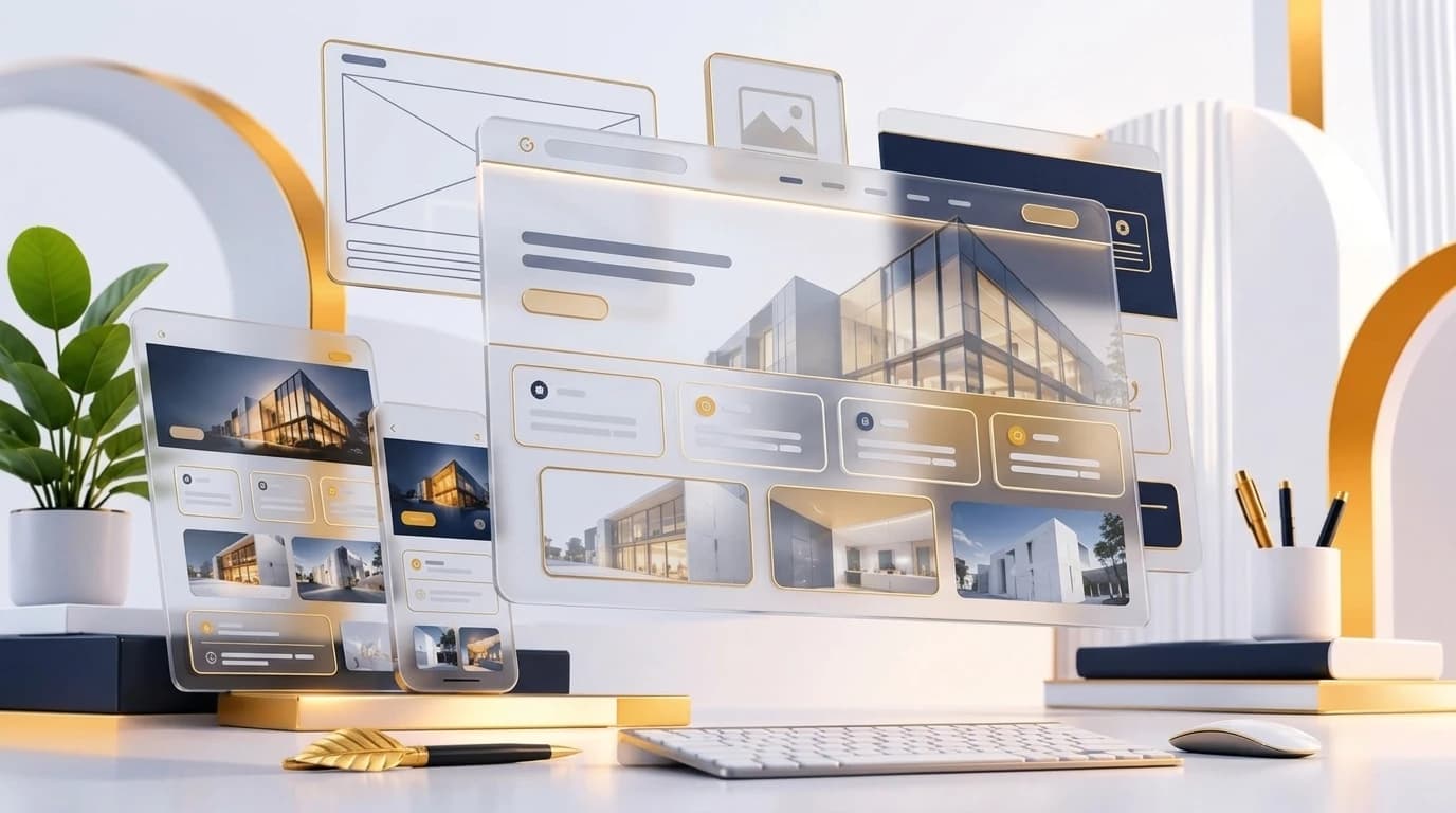 Stylized 3D render of responsive user interfaces, floating wireframe panels, and multi-device website layouts on a modern studio desk